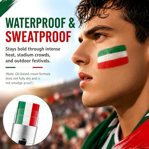 BADCOLOR Soccer Fan Face & Body Paint Stick - Mexico & Italy Flag Colors, Waterproof, Sweatproof, 3-in-1 Makeup