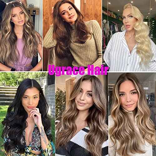 Ugrace Hair Wire Hair Extensions Real Human Hair Balayage Light Brown to Ash Brown and Bleach Blonde 18 inch 90g Transparent Invisible Fish Line Straight Clip in Human Hair Extensions for Women