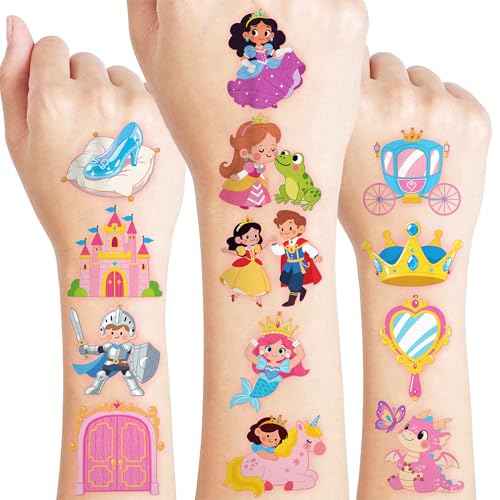 96 PCS Little Princess Pre-Cut Temporary Tattoos for Kids | Super Cute Princess Themed Birthday Party Favors, Supplies, Decorations, Castle Tattoo Stickers, School Rewards Prizes & Gifts Boys Girls