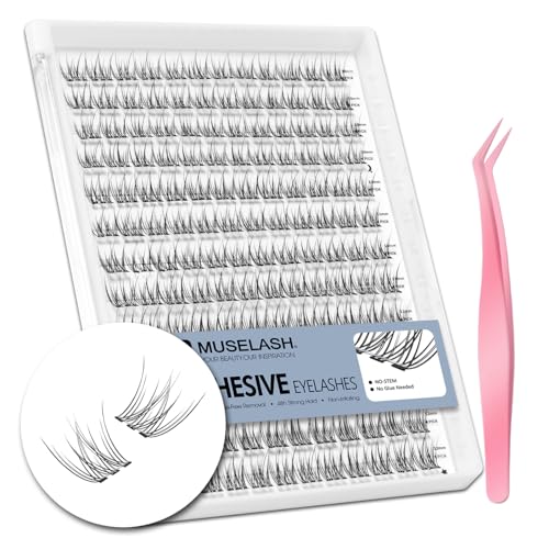 Self Adhesive Lash Clusters No-Stem 10-12mm Short Lash Clusters 156pcs Clear Invisible Band Pre Glued DIY Eyelashes Natural Soft Wispy C-Curl Individual Eyelash Extensions with Tweezers EPUDY FIHSALA