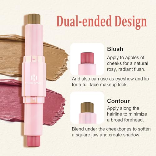 Color Nymph Blush Contour Stick, Cream Blush & Contour Matte Texture Double-end Stick Multiuse Blusher with Butter Bronzer For Cheeks Eyes Lip Vegan & Cruelty-Free - 03# Morocco Plum