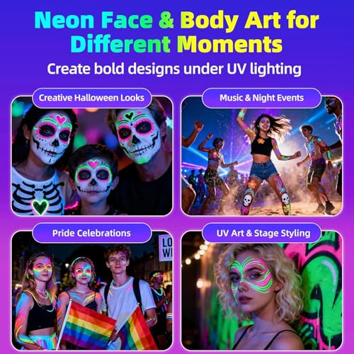 Glynisyz 8 pcs UV Neon Face & Body Paint Set with Brushes for Halloween & Parties