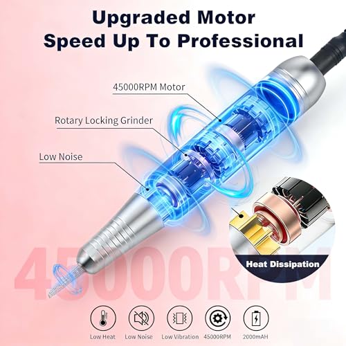 Professional Electric Nail Drill 45000RPM, Portable Rechargeable Electric Nail File with LCD Display, 6 Drill Bits and Sanding Bands, Low Noise Nail Drill Kit for Acrylic Gel Nails,Salon & Home Use
