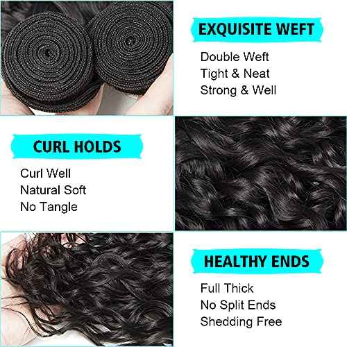 Water Wave Bundles with Lace Frontal Closure UDU 12A Wet and Wavy Human Hair Bundles with Closure 100% Unprocessed Human Hair Extensions Short Curly Remy Hair Weft with Free Part Frontal 50g/bundle