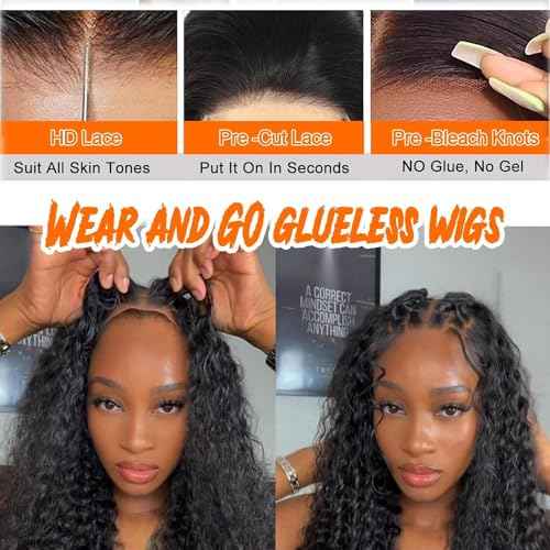 ONICE Glueless Wigs Human Hair Pre Plucked 5x5 HD Lace Closure Human Hair Wigs For Black Women 5x5 Curly Human Hair Wig Glueless Wear And Go Deep Wave Wig (Natural Black,18Inch)