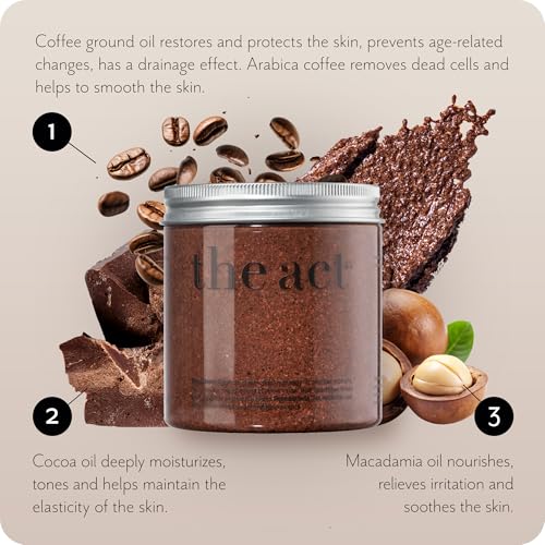 THE ACT Coffee Body Scrub with Salt & Cocoa ? Exfoliating Scrub for Cellulite, Stretch Marks, Ingrown Hair ? Organic Moisturizing Body Scrub with Vitamin E & Menthol ? Gift for Women & Men, 10.58 Oz