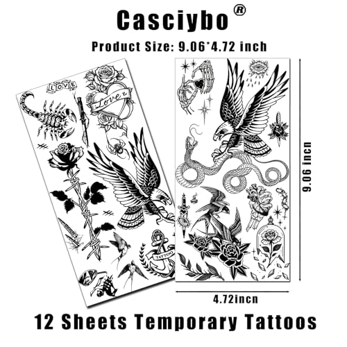 Black Temporary Tattoo Stickers - 12 Sheets Traditional American Tattoos