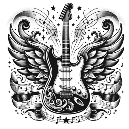 6 Sheet Temporary Tattoos - Guitar, Roses & Angel Wing Designs
