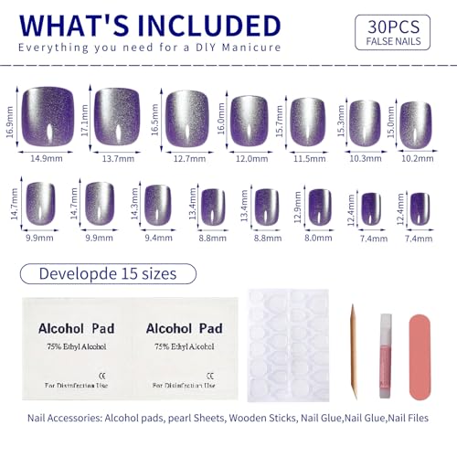 Purple Press On Nails Short - 30Pc Lavender Cat Eye Nail Kit