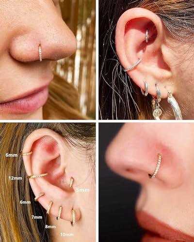 HANCAO Hypoallergenic 14K Gold Plated Nose Rings Hoops - 16G Surgical Steel Cartilage Earrings Septum Jewelry Hinged Segment Ring CZ Paved Lip Daith Rook Helix Tragus Lobe Snug Body Piercing 6MM