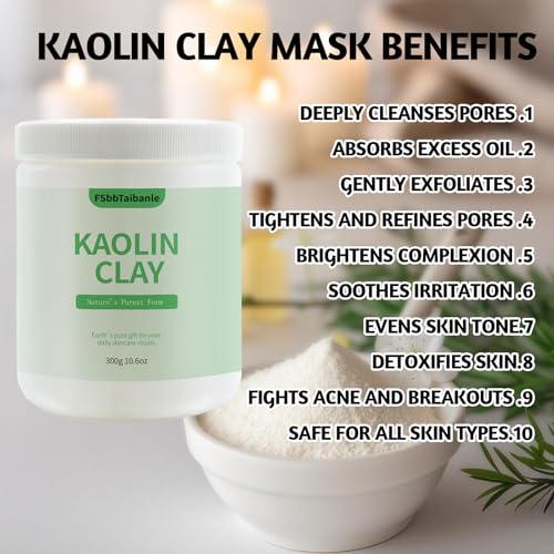White Kaolin Clay Powder 100% Natural Ultra-Fine Cosmetic Grade Gentle & Smooth Texture for Natural DIY Skin Cleansers, Masks and Scrubs, and More(10.6 oz)