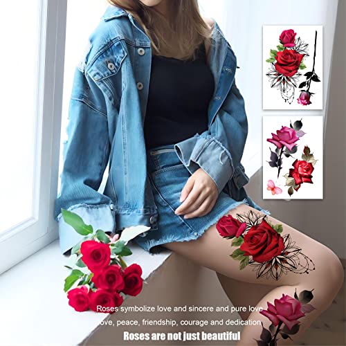 Rose Flower Temporary Tattoos for Women - 8 Sheet Set