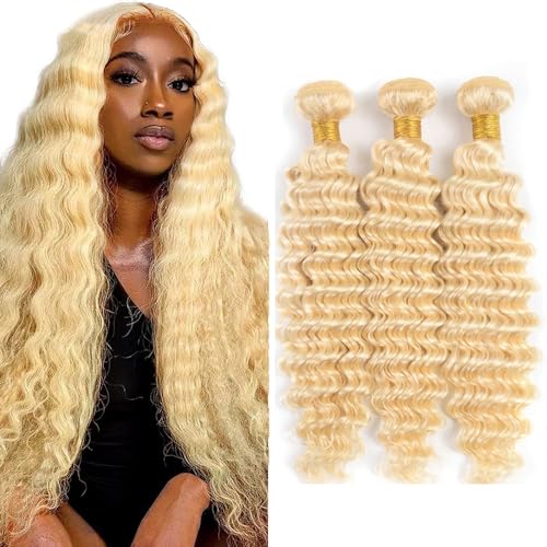 613 Blonde Deep Wave Human Hair Bundles - 3 Pack, 12-34 Inch