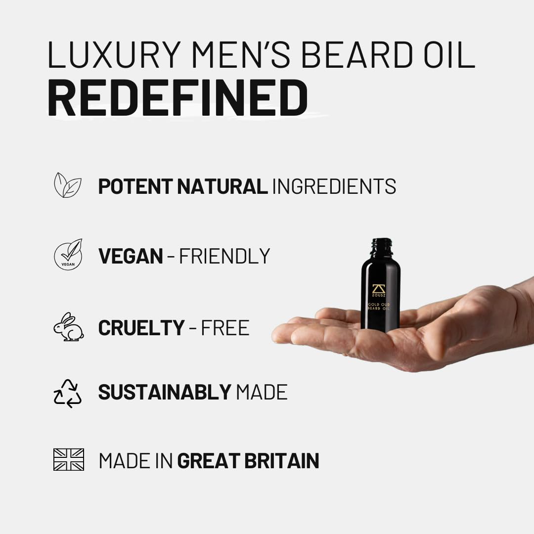 ZOUSZ Gold Oud Beard Oil for Men – Premium Beard Growth & Conditioning Oil with Argan & Organic Oils – Softens, Strengthens & Moisturizes – Non-Greasy Vegan Grooming Gift – 30ml