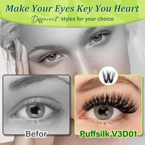 KEYYOU Lash Extension Kit 3D Effect Volume Lash Clusters Flaunt Style 144PCS D Curl Waterproof DIY Kit Flora Inspired Wispy Look LengthLock 8?18mm Ultra-Thin Black Band (PuffSilk V3D01 Kit)