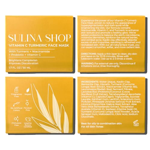 Sulina Shop Turmeric Vitamin C Clay Mask for Face, Skin Brightening, Turmeric Face Mask for Deep Cleansing Pores, Dark Spots & Post-Blemish, Oil Control, Improves Uneven Tone, Made in USA