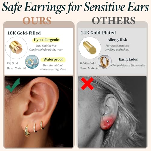 Poxtex Gold-Moon Hoop Earrings Set for Women - Hypoallergenic 14K Gold Plated Small Huggies, Dainty Stacks for Multiple Piercings, Gift Ready