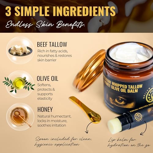 Beef Tallow and Honey Balm for Skin and Face Moisturizer Whipped with Olive Oil and Beef Tallow Lipbalm - 4oz