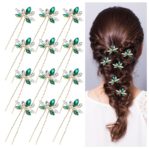 Dizila 12 Pack Gold Metal Emerald Green Rhinestone Party Prom Wedding Bridal U-shaped Hairpins Headpieces Accessories for Brides Bridesmaids Women Girls