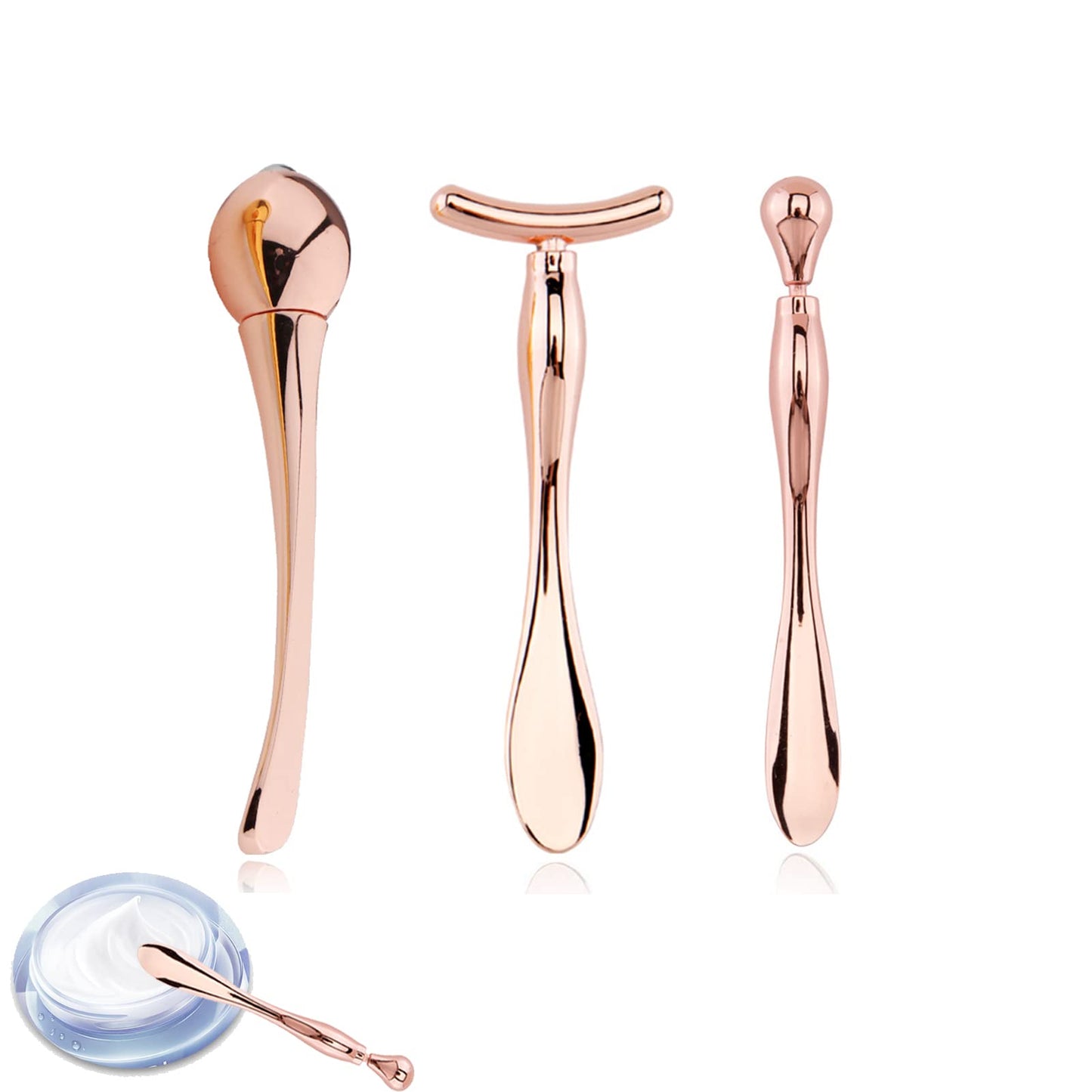 BetterJonny 3Pcs Metal Eye Cream Applicator Roller Wand Stick, Cosmetics Spoon Eye Cream Massager Wand Girls Women Facial Massager for Fatigue Relief Reduce Puffiness (Rose Gold)