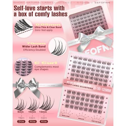 Wispy Lash Clusters 8-10-12mm Natural Cluster Eyelash Extensions Short Eyelash Clusters C-Curl Individual Lashes Clear Band Clusters Lashes Natural Look for Daily Wear DIY Eyelash Extension by EEFOFNN
