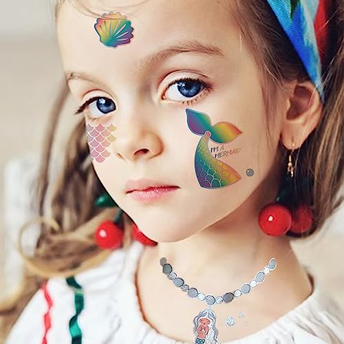 100 Glitter Styles Mermaid Temporary Tattoos for Girls - 6 Sheets, 100 PCS, Waterproof & Sweat-resistant, Safe for Kids, Ages 3+