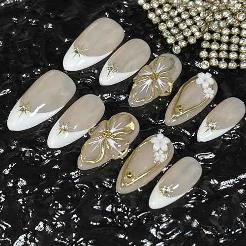 Handmade Press On Nails Medium Almond Shape White French 3D Floral & Star Design with Gold Accents | Elegant Fake Nails Reusable Acrylic Nail Tips with Crystals & Soft Beige Base (Elegant White, M)