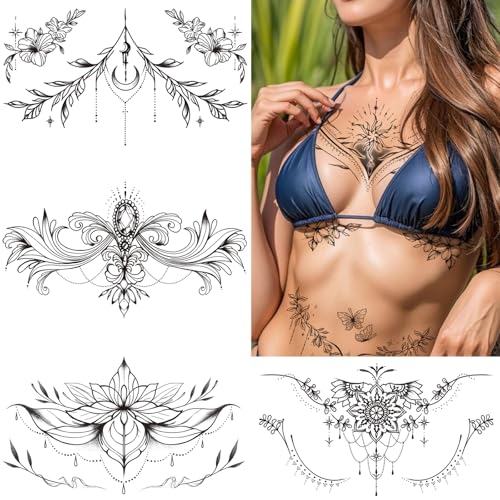 Tazimi 10 Sheets Large Black Flower Chest Underboob Temporary Tattoos for Women &Waist Back Fake Tattoos for girl Adults, Realistic Mandala Flower branch Tattoo Stickers Body Art