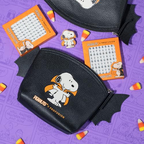 Profusion Cosmetics Peanuts Snoopy Cosmetic Bag with Face & Body Gems and Exclusive Enamel Pin - Spacious Storage Bag with Sparkling Self-Adhesive Diamond Shape Gems and Limited Edition Pin Makeup Set