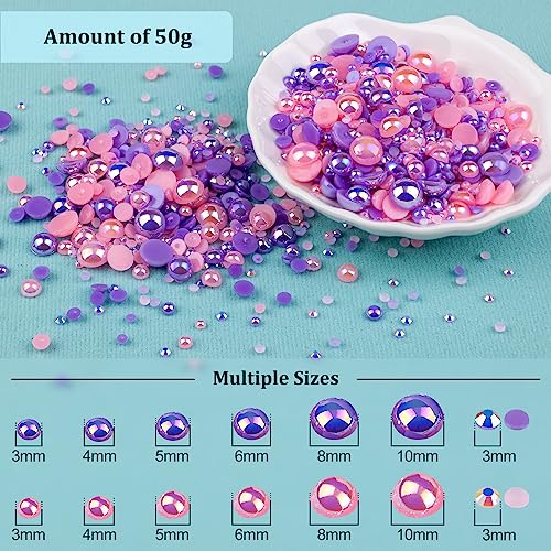 50g Flatback Pearls and Rhinestones Set 3-Purple&Pink, Mixed Size 3-10mm Resin Rhinestones and Half Pearls for Nail Art and Crafts and Decoration with Tweezer and Pickup Pencil