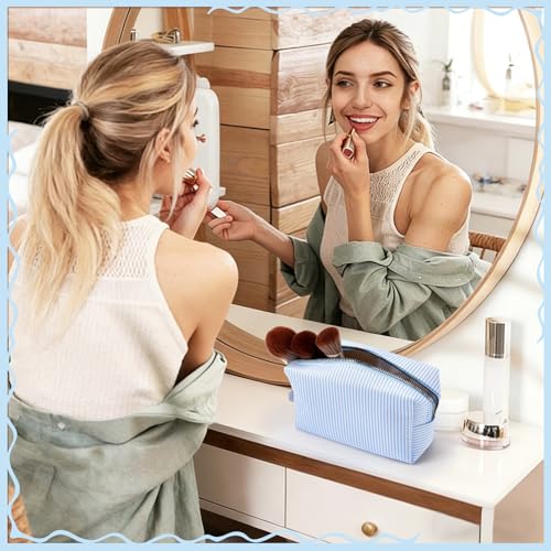 Light Blue 12Pcs Seersucker Makeup Bag Bulk Travel Cosmetic Organizer for Women