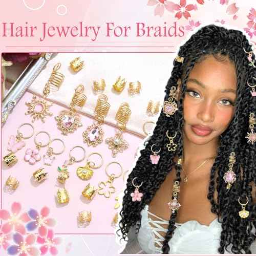 36PCS Pink Crystal Hair Jewelry Butterfly Braids Clips Flower Loc Jewelry Pearl Hair Charms Gold Hair Cuffs Rings Metal Dreadlock Beads Multi Style Braids Accessories for Women and Girls