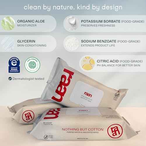 Raan, 100% Cotton Baby & Toddler Wipes, Unbleached, 99% Purified Water, Unscented, EWG verified, Made for Sensitive Skin, Extra Soft and Durable, 12 pack, 720 Count