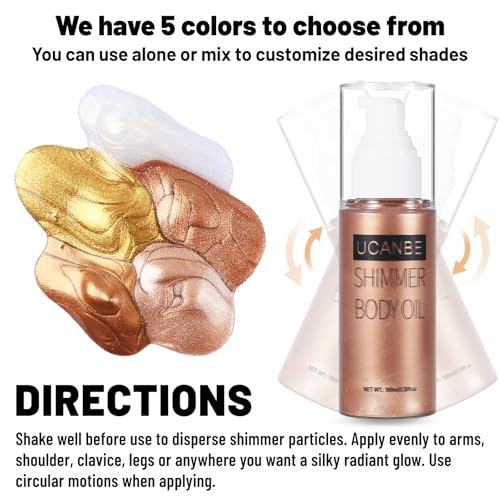 UCANBE Body Shimmer Oil 100ml, Moisturizing Body Glow Glitter Oil, Waterproof Shimmering Luminizer Liquid Illuminator Highlighter, Tinted Shimmer Lotion Glowing Bronzer Makeup(Rose Gold)