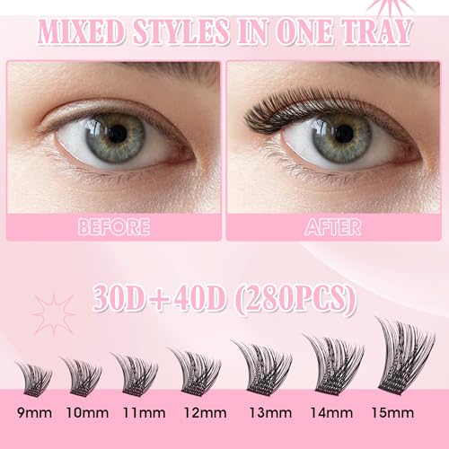 DIY Eyelash Extension Kit, 240pcs lash Extension Kit 9-15mm Mix, 30D 40D Curl Individual Lash Clusters with Bond, and Tweezers