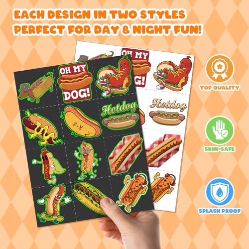 96 PCS Hot Dog Party Favors Set ? 72 Pre-Cut Temporary Tattoos & 24 Slap Bracelets for Kids, Perfect for Food-Themed Birthday Parties, BBQ Celebrations & Classroom Rewards