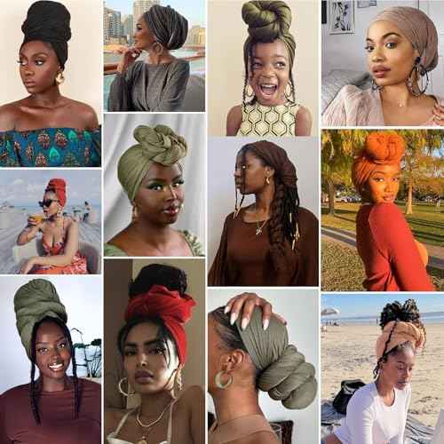 COOKOO 2 Piece Stretch Hijab Extra Jersey Turban African Women's Soft Head Wraps Fashion Head Scarf Long Solid Color Head Band Head Scarf for Women(Black+Coffee)