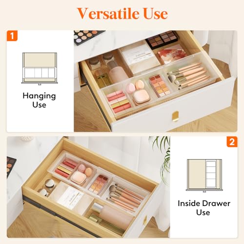 Lifewit Sliding Makeup Drawer Organizer, Fits 13-20" Deep Drawers, Extendable Hanging Divider, 1.8" High Plastic Tray for Vanity, Office, Kitchen, Translucent, 2Pcs