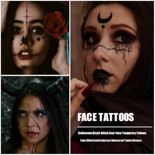 16 Sheet Stitch Scar Face Temporary Tattoos - Halloween Waterproof
