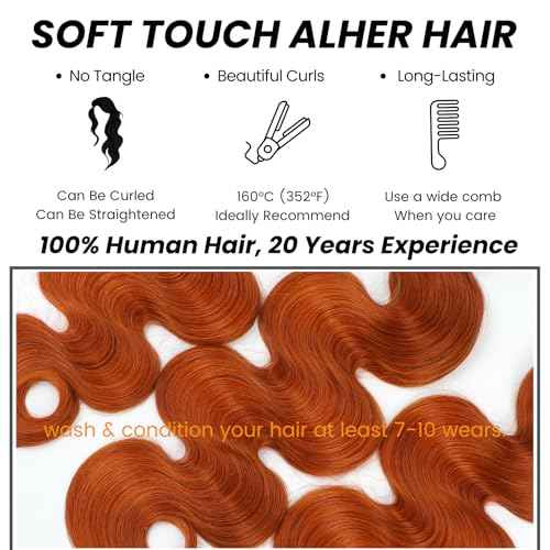 ALHER Ginger Orange 3 Bundles with 2x6 Closure (18 20 22+18), Body Wave #350 Bundles with 2x6 Long Deep Part Lace Closure Pre Plucked, 12A Grade 100% Unprocessed Brazilian Virgin Remy Human Hair