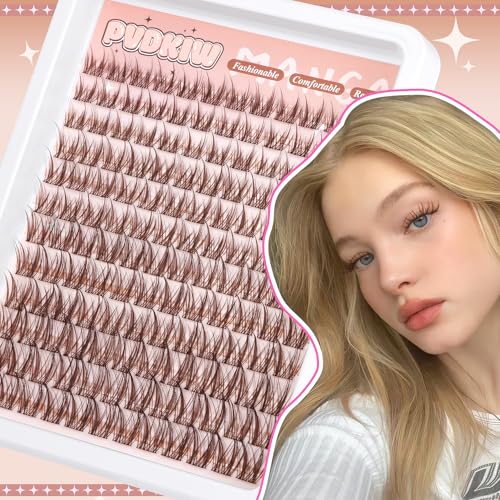 Brown Lash Clusters Wipsy Manga Lashes Clusters Natural Eyelash Clusters Dark Brown Lashes C Curl Cluster Eyelash Extensions Invisible Band False Eyelashes 10-16mm Cluster Lashes 144Pcs