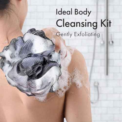 AmazerBath Charcoal Loofah Sponge, Large Shower Loofah 75g/PCS - Body Scrubber Loofa Set of 4 - Charcoal Blue, Green, Purple & Red, Bath Sponge for Men and Women