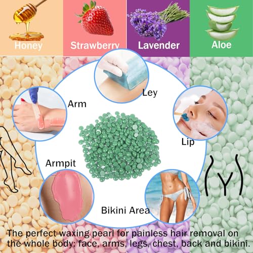 4 Colors Hard Wax Beads for Hair Removal,Gentle Hard Wax Kit with 10 Applicator Sticks,Peel-Off Waxing Beads for Facial and Full Body
