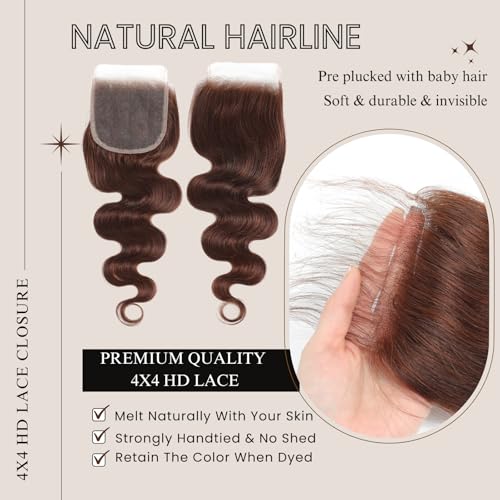 ALHER Color #4 Chocolate Brown Body Wave 4x4 Closure 12A Wavy Free Part Melt 4x4 Lace Closure 100% Virgin Remy Human Hair Brown Color Pre Plucked With Baby Hair Closure 16 Inch