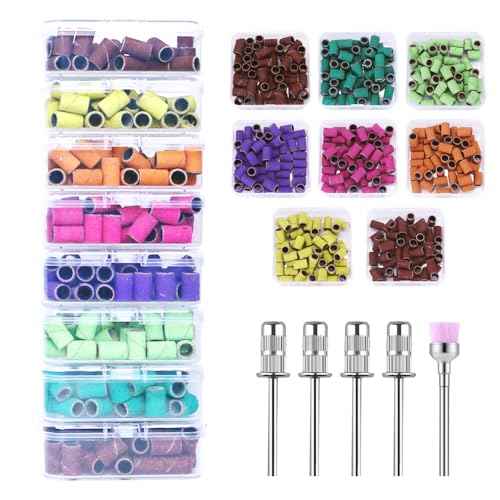 400 Pcs Sanding Bands for Nail Drill with 4 Mandrel Bits for Manicure and Pedicure, 60/80/100/120/150/180/240/320 Grit
