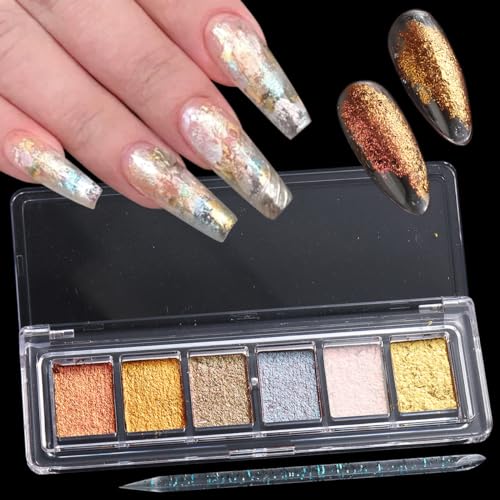 Fcozpjk Metallic Nail Art Glitter Set, 6 Colors Gold Flakes for Nails, Mud Texture, Gold Leaf Chameleon Chrome Flakes, Golden Foils Nail Art Decoration, Professional Manicure Supplies