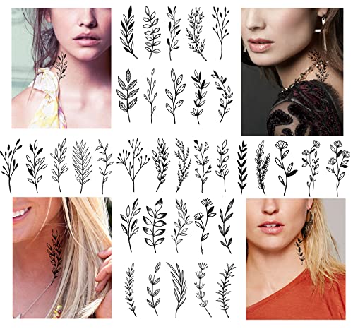 18 Sheets Temporary Tattoos Realistic Floral Black