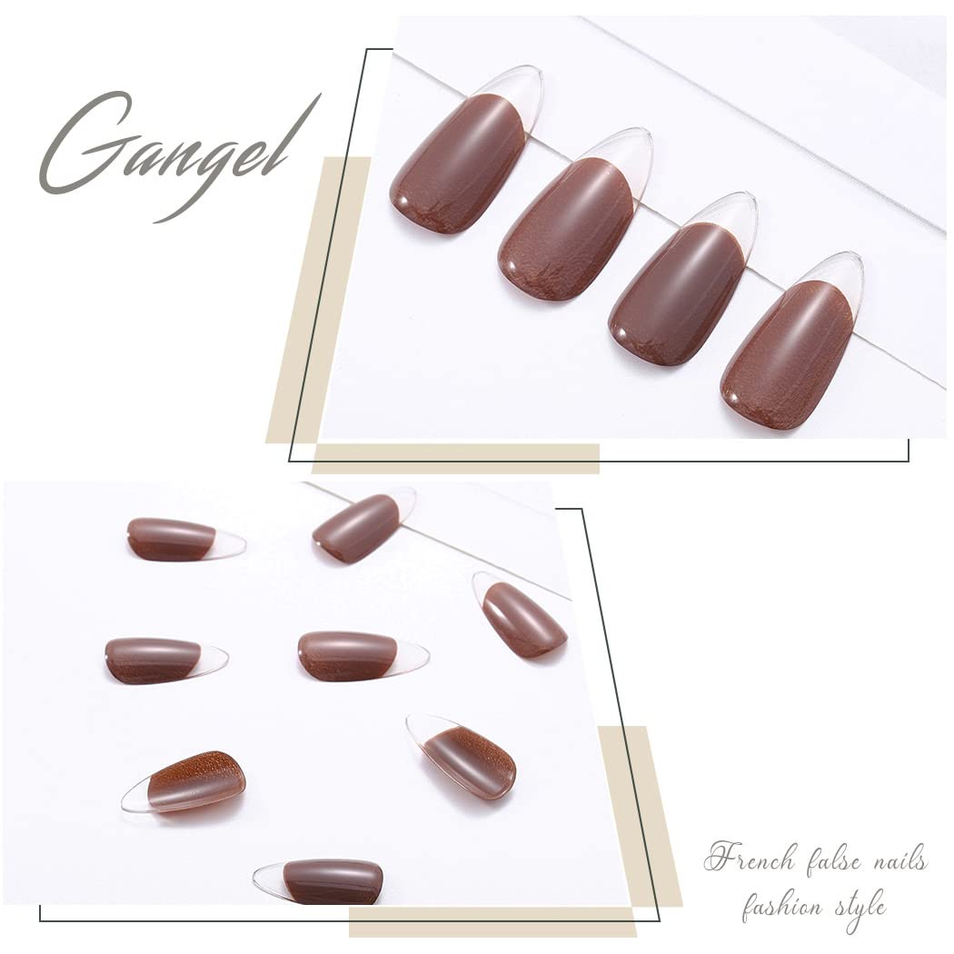 Gangel French False Nails Sharp Fake Nail Coffee Nails Full Cover Stiletto Fake Nails Acrylic Press on Nails for Women and Girls 24Pcs (French-Coffee)