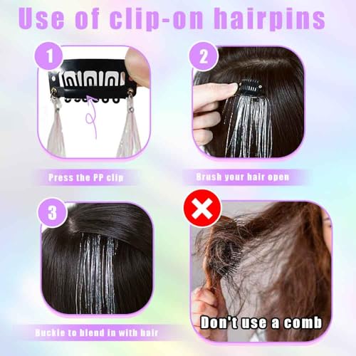 Hair Tinsel Clip-On Extensions 6 Strands Glitter 20 Inch