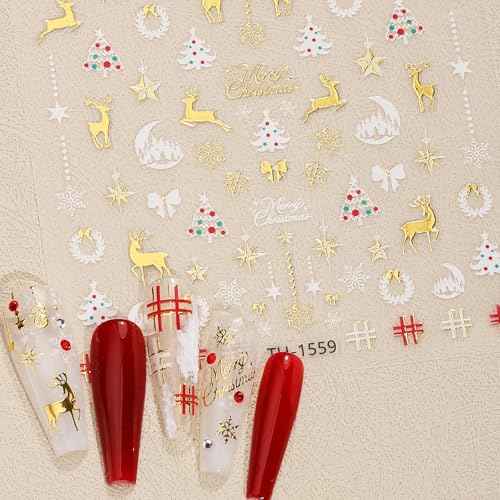 Christmas Nail Art Stickers, 3D Self-Adhesive Decals with Snowman, Snowflake, Elk, Santa Design for Gel Nails, 5 Pieces (Christmas)